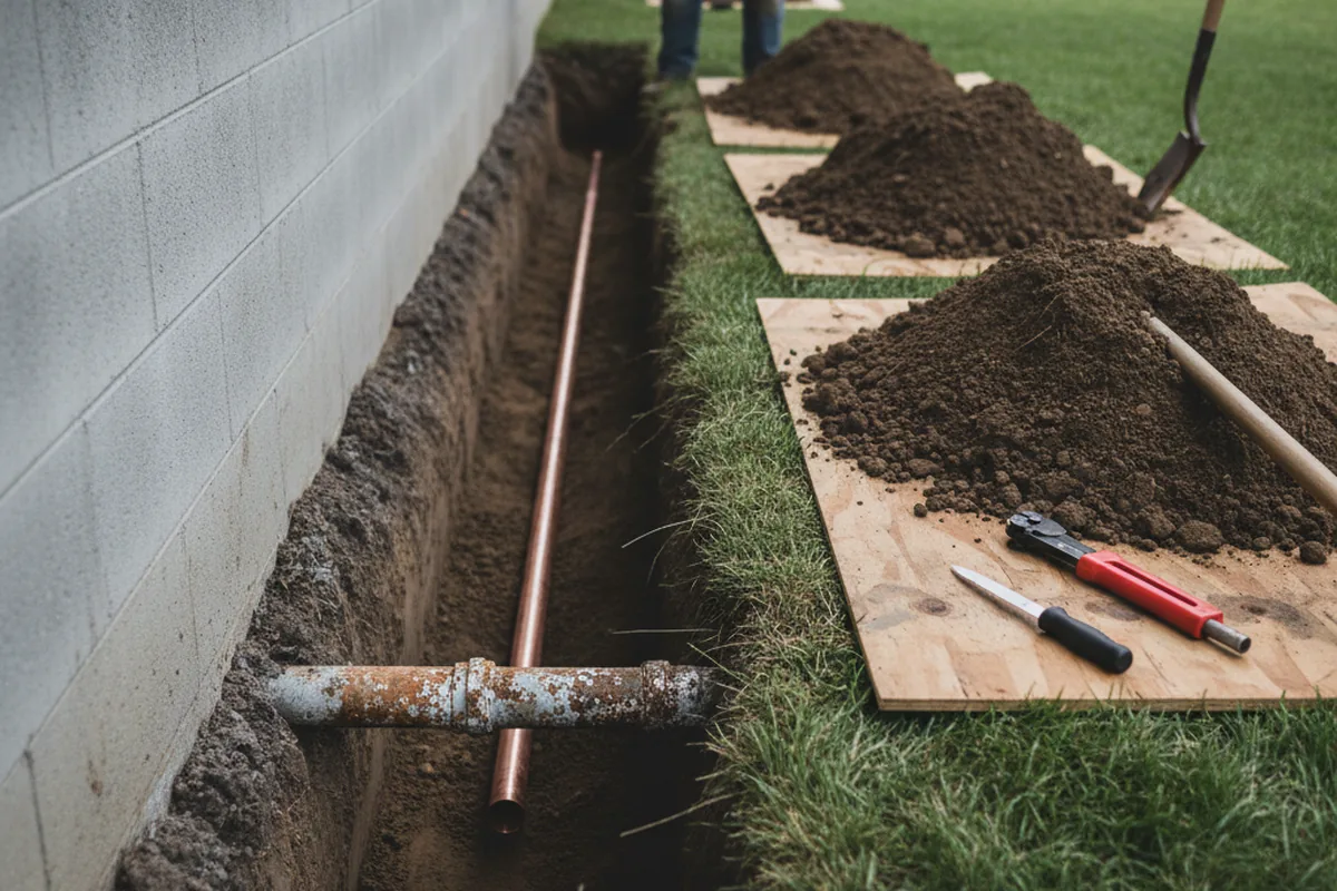 Excavated water line trench during Water Softener Installation in Acushnet